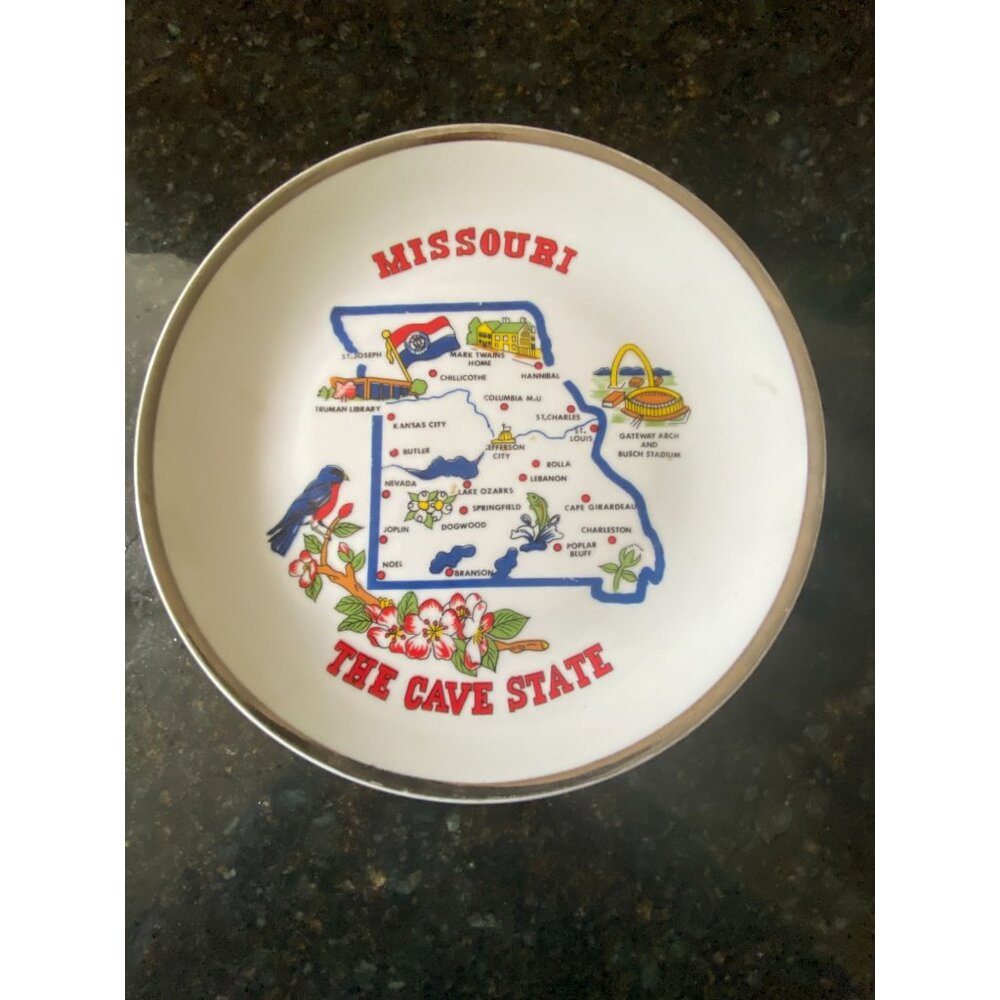 Missouri " The Cave State" 8 Inch, Silver Rimmed Souvenir Plate